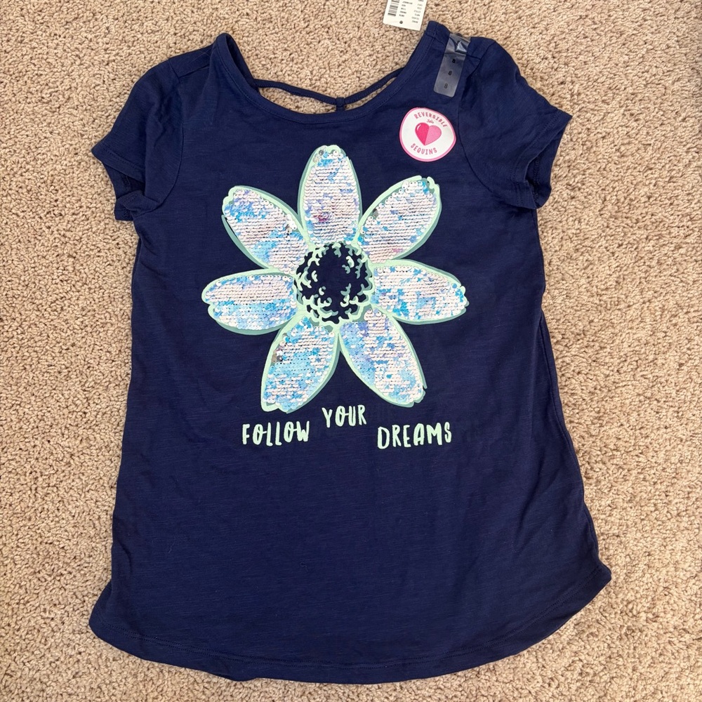Justice Navy Tee with Flip Sequin Flower Design Size 8